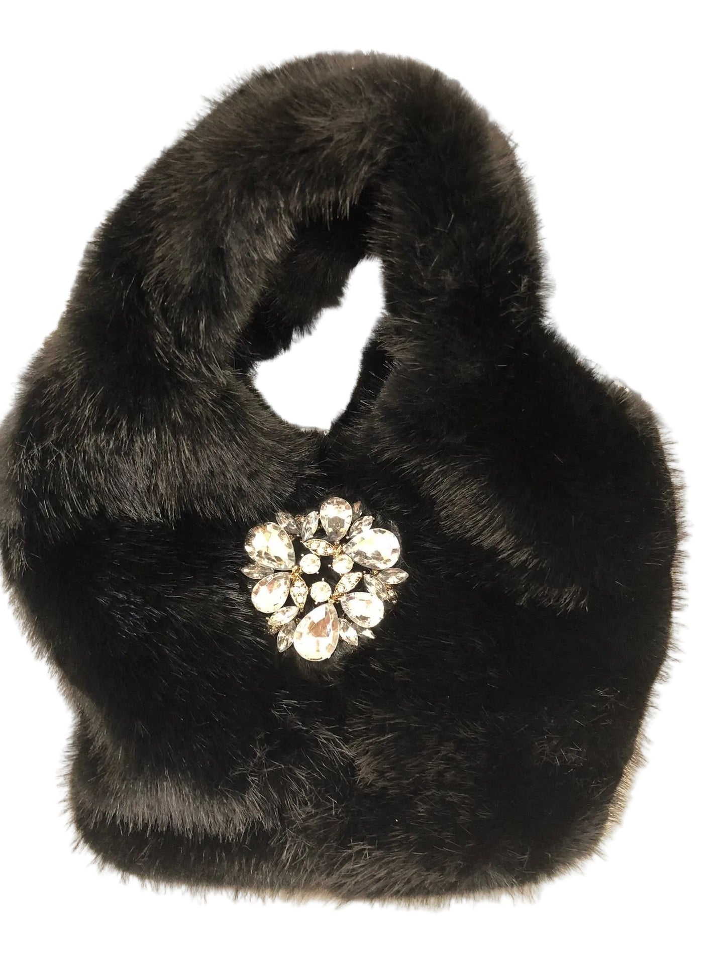 Faux Fur Bag With Embellished Broach