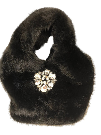 Faux Fur Bag With Embellished Broach