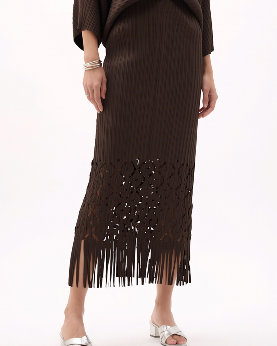 Ellyndale Pleated Cutout Dress with Fringe - Brown