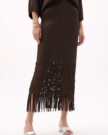 Ellyndale Pleated Cutout Dress with Fringe - Brown