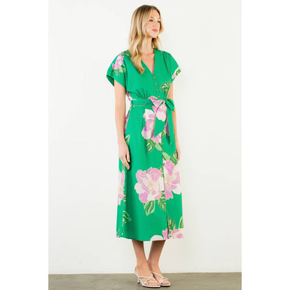 Floral V-Neck Belt Midi Dress - 606River
