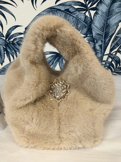 Faux Fur Bag With Embellished Broach