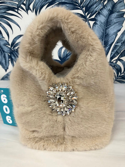Faux Fur Bag With Embellished Broach