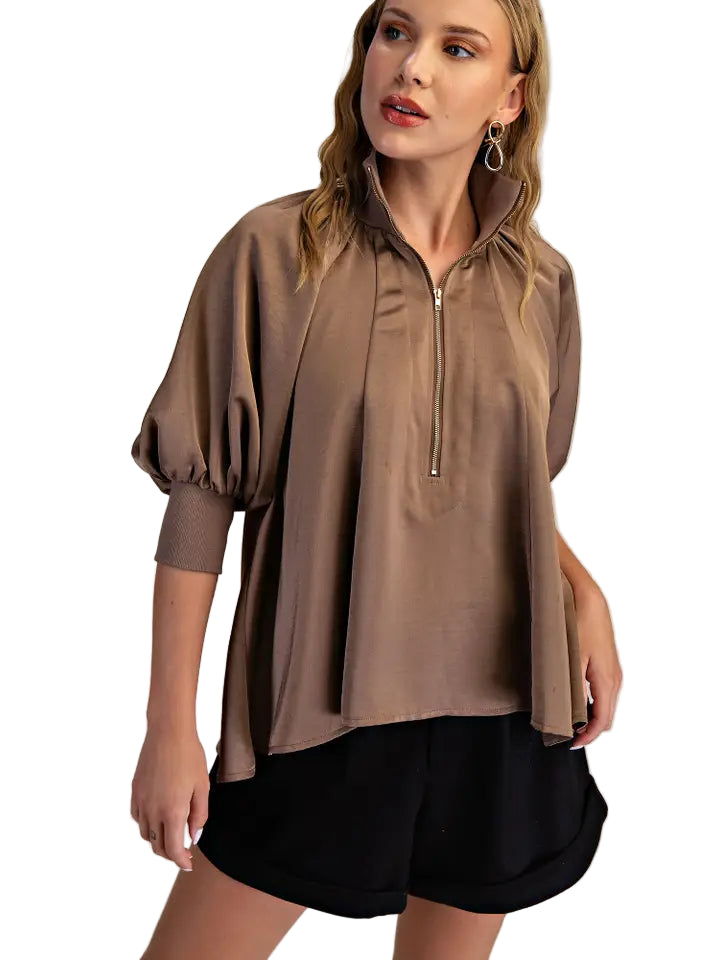 Glam Mock Neck Pull Sleeve Blouse - 606River
