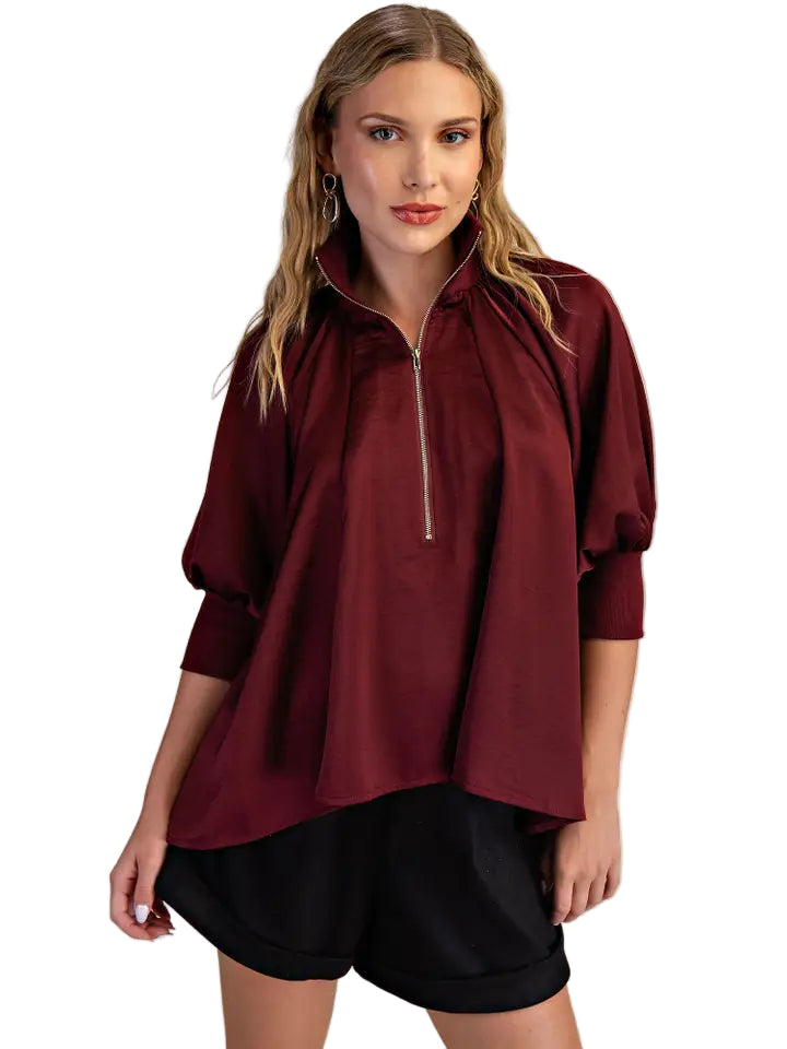 Glam Mock Neck Pull Sleeve Blouse - 606River