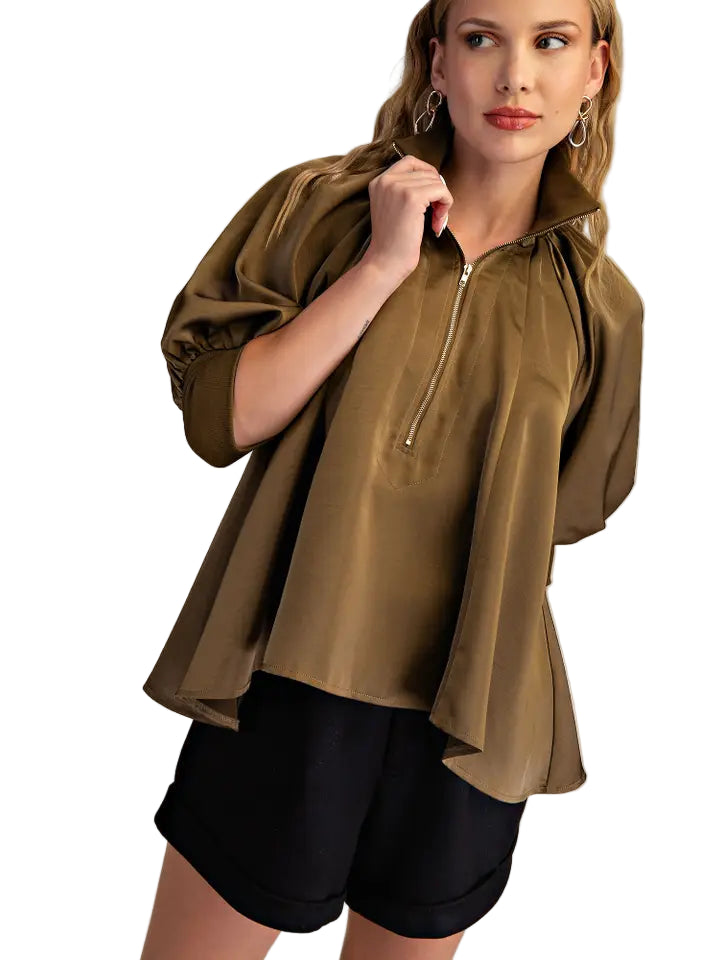 Glam Mock Neck Pull Sleeve Blouse - 606River