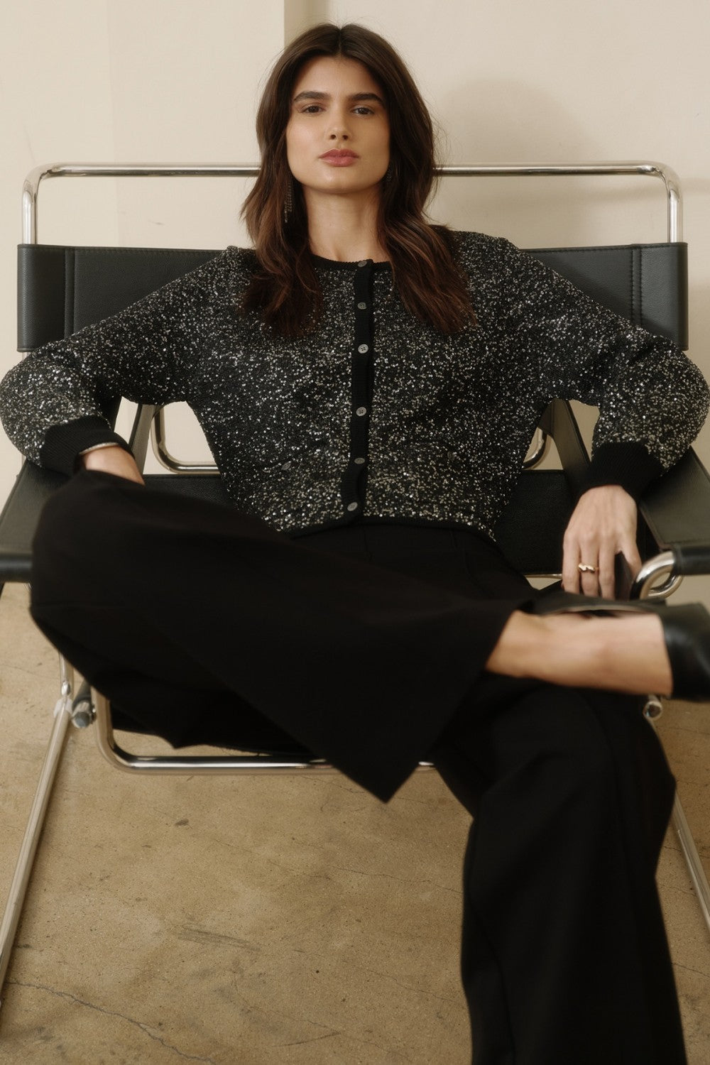 Black Sequined Embellished Button Up Sweater - 606River