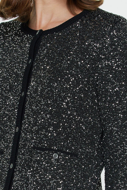 Black Sequined Embellished Button Up Sweater - 606River