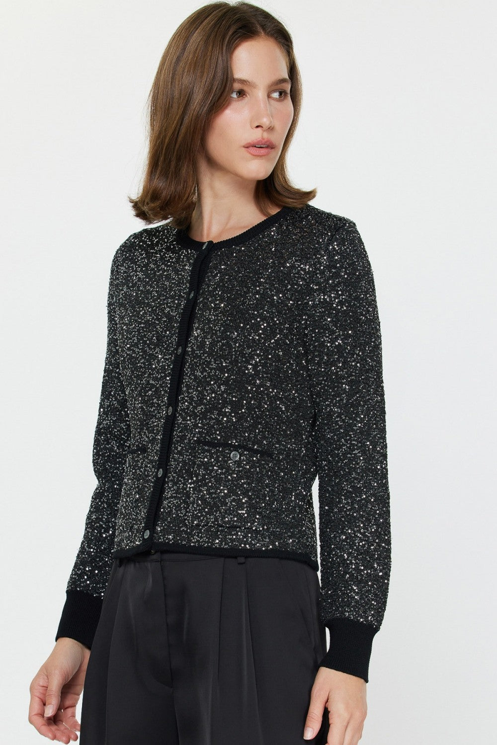 Black Sequined Embellished Button Up Sweater - 606River