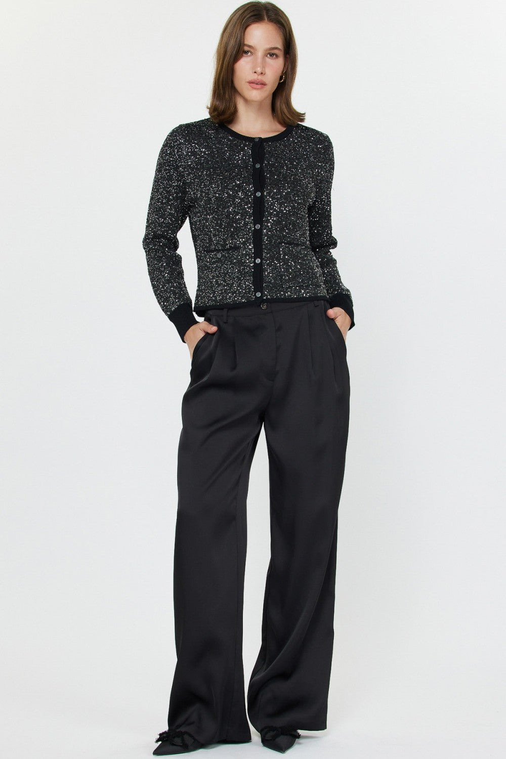 Black Sequined Embellished Button Up Sweater - 606River