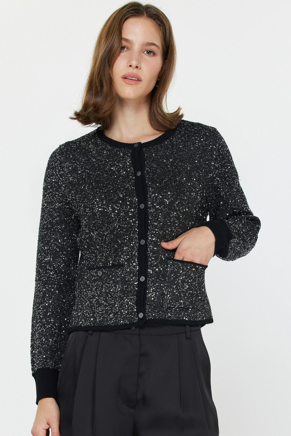 Black Sequined Embellished Button Up Sweater - 606River