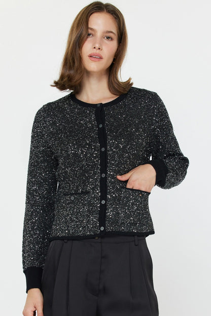 Black Sequined Embellished Button Up Sweater - 606River