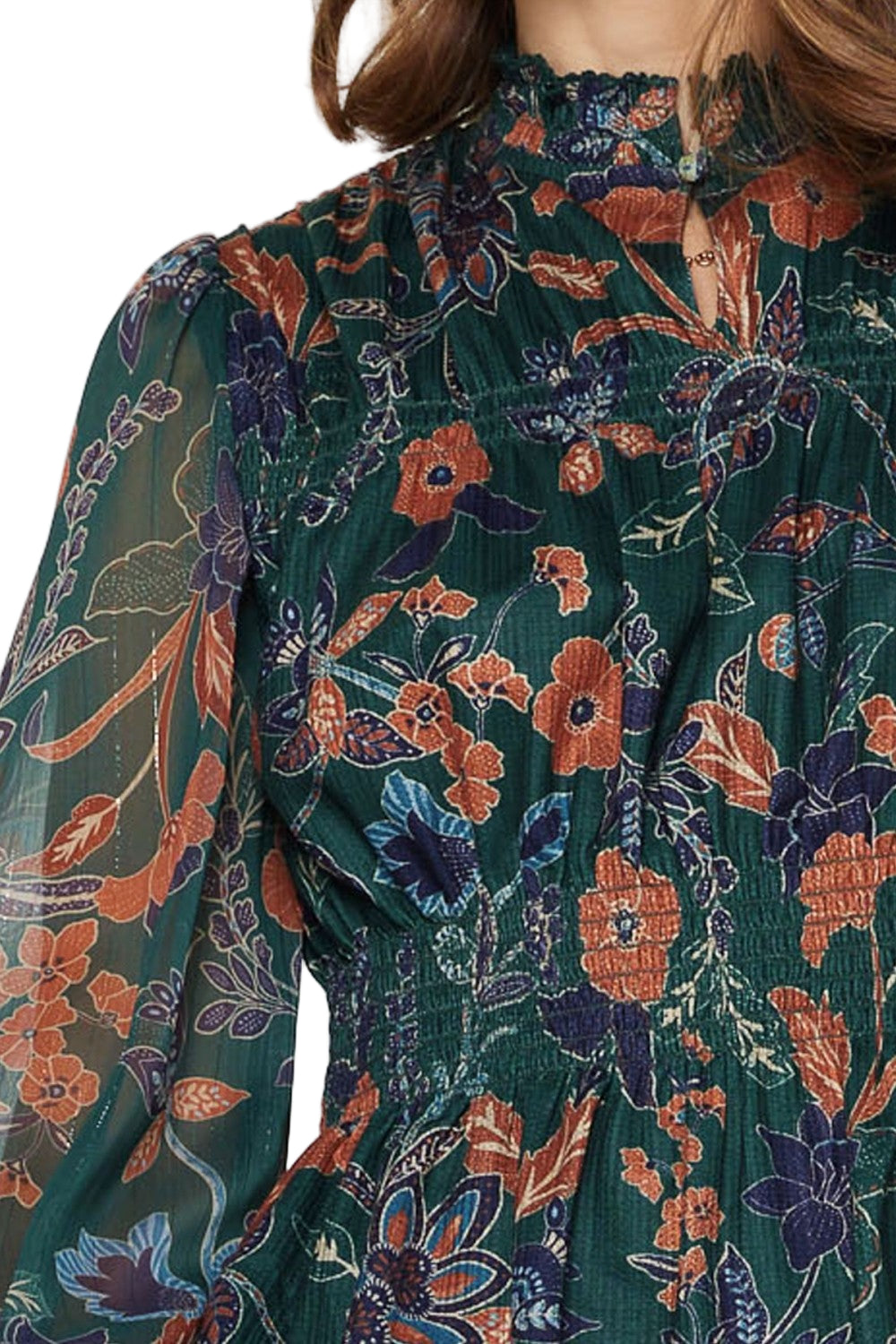 Dark Green Sheer Floral Chiffon Blouse - 606River