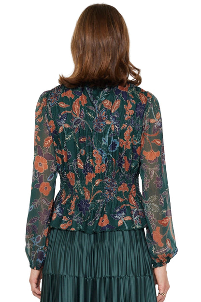 Dark Green Sheer Floral Chiffon Blouse - 606River