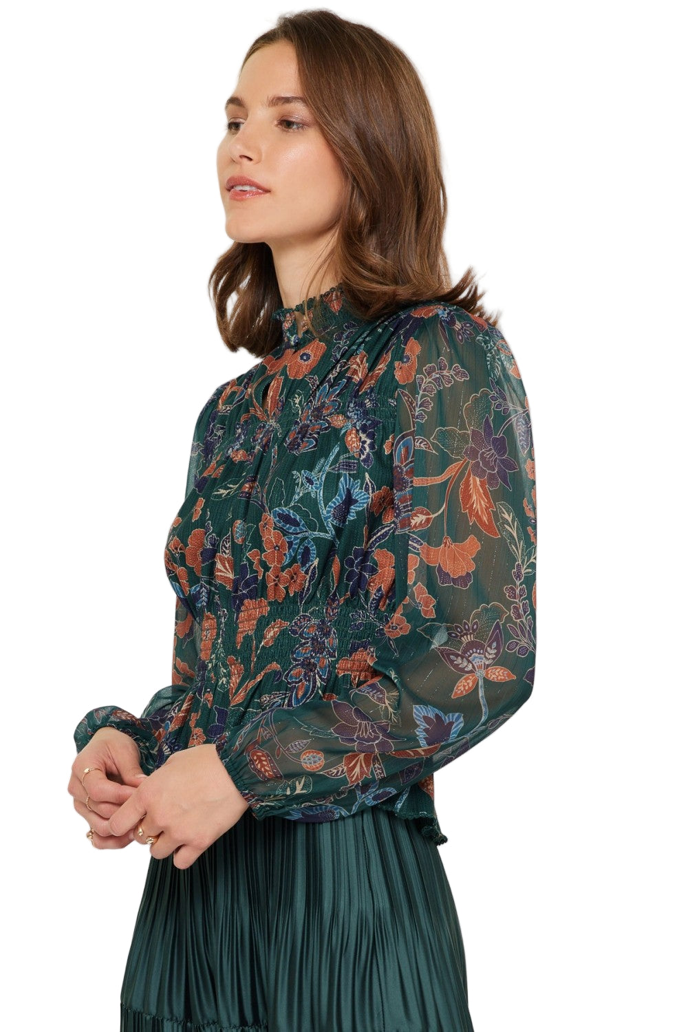 Dark Green Sheer Floral Chiffon Blouse - 606River