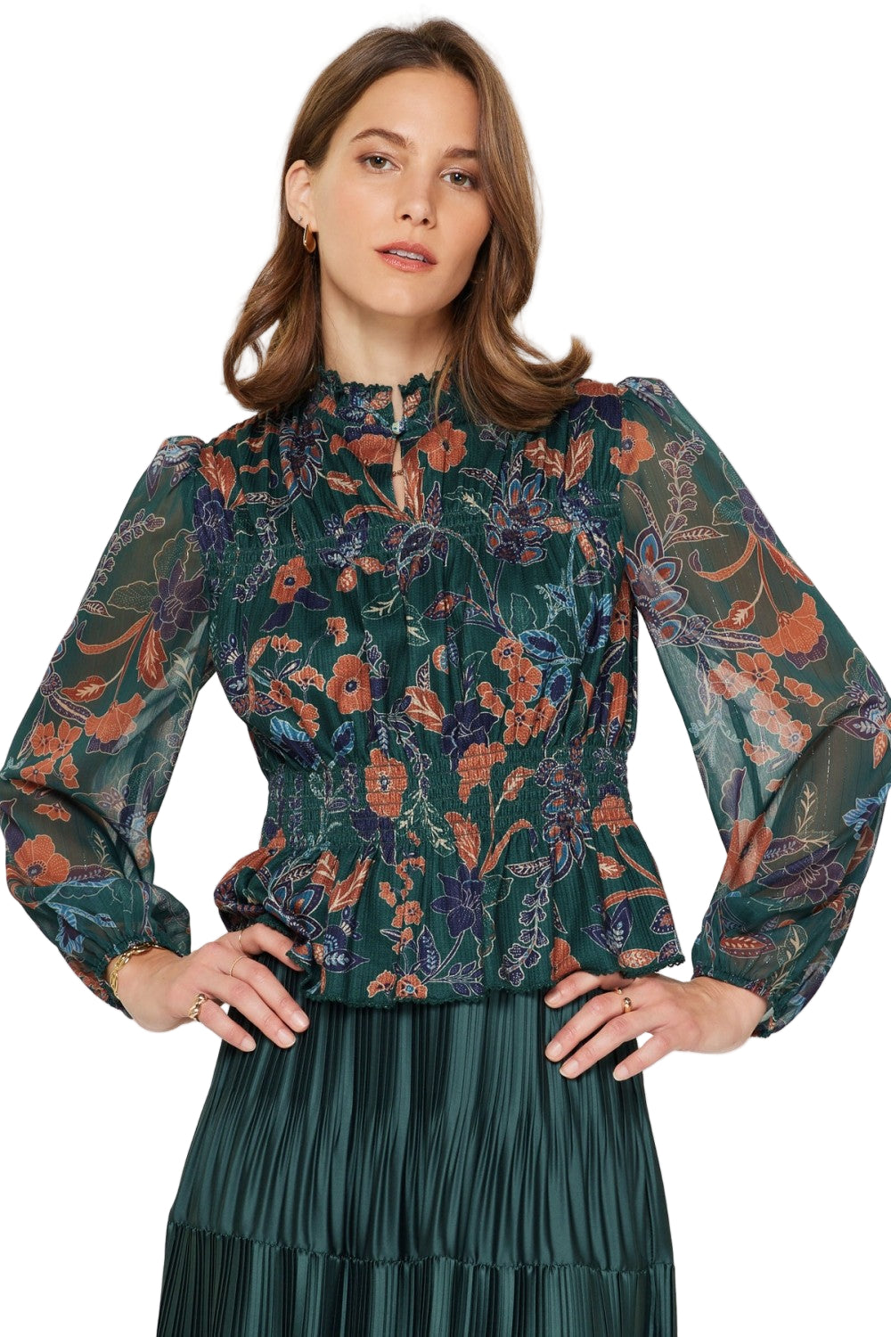 Dark Green Sheer Floral Chiffon Blouse - 606River