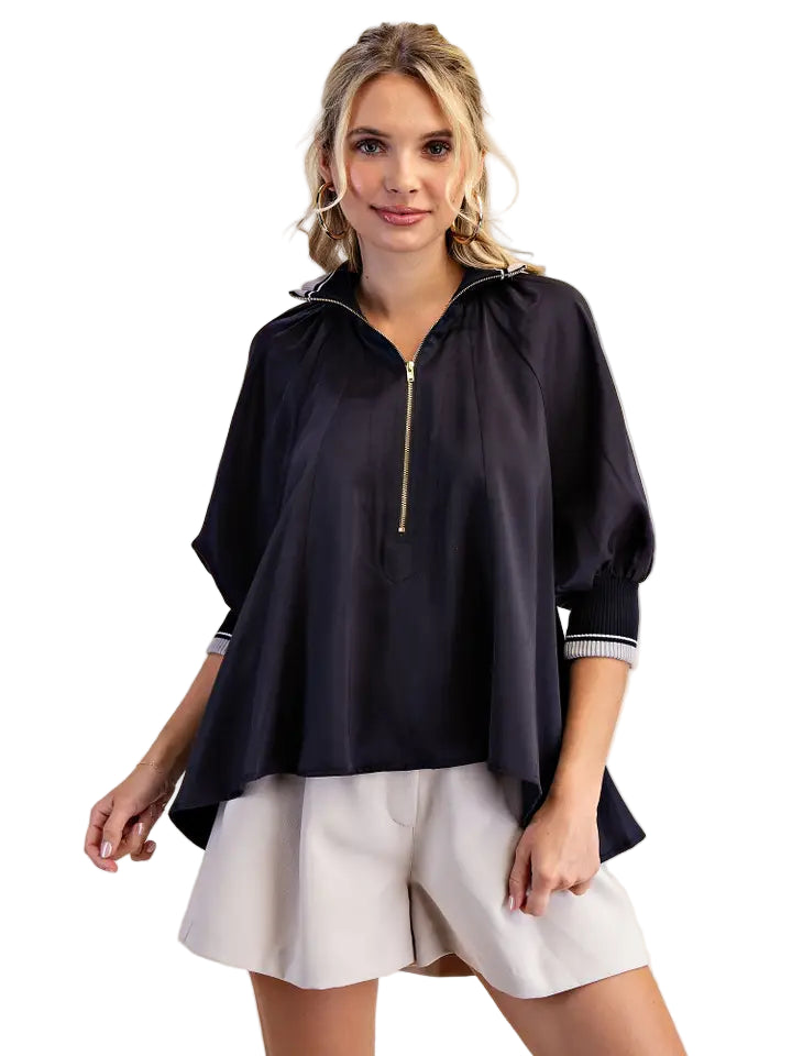 Glam Navy Mock Neck Pull Sleeve Blouse - 606River