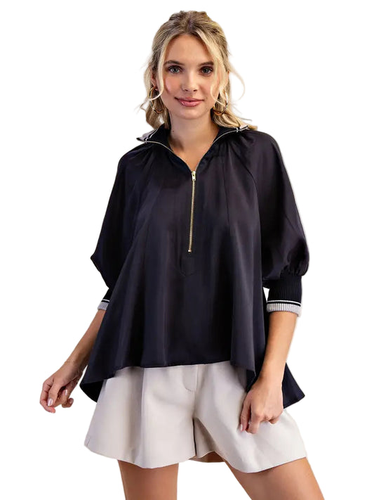 Glam Navy Mock Neck Pull Sleeve Blouse - 606River