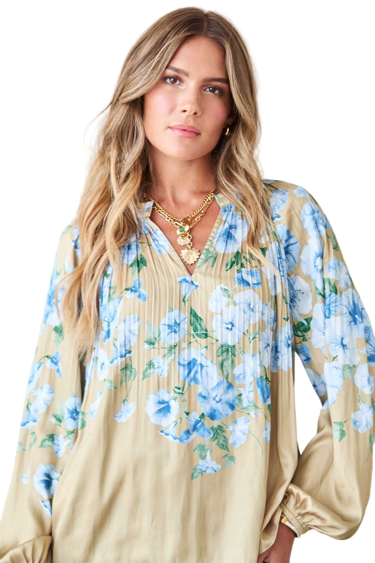 Neutral Blue Floral Relax Fit Blouse - 606River