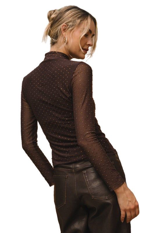 Embellished Mesh Mock Neck Top - 606River