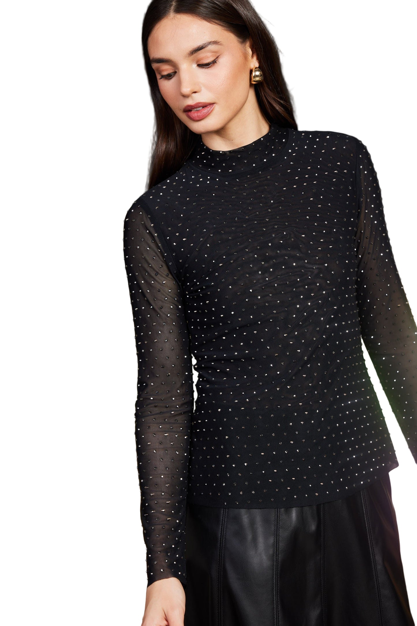 Embellished Mesh Mock Neck Top - 606River