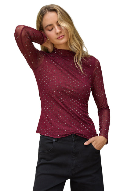 Embellished Mesh Mock Neck Top - 606River