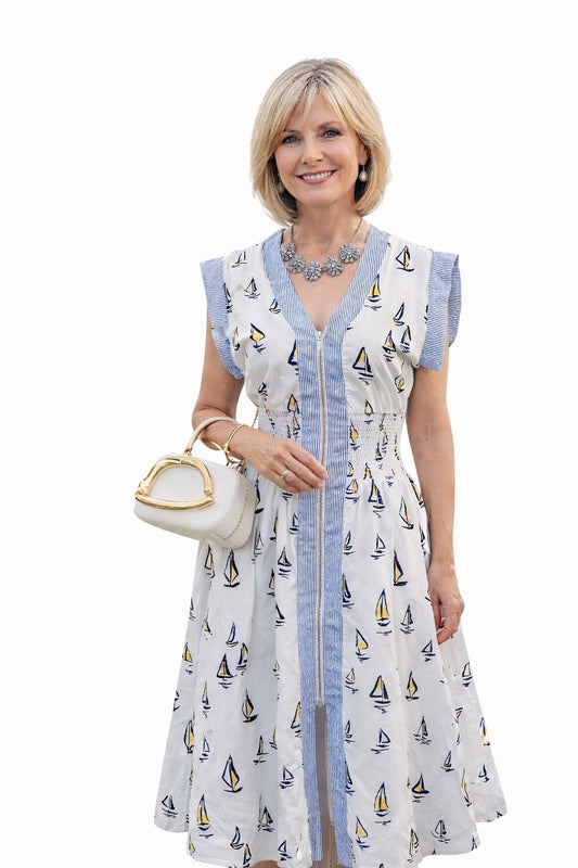 Sailboat Print Short Sleeve Dress THML
