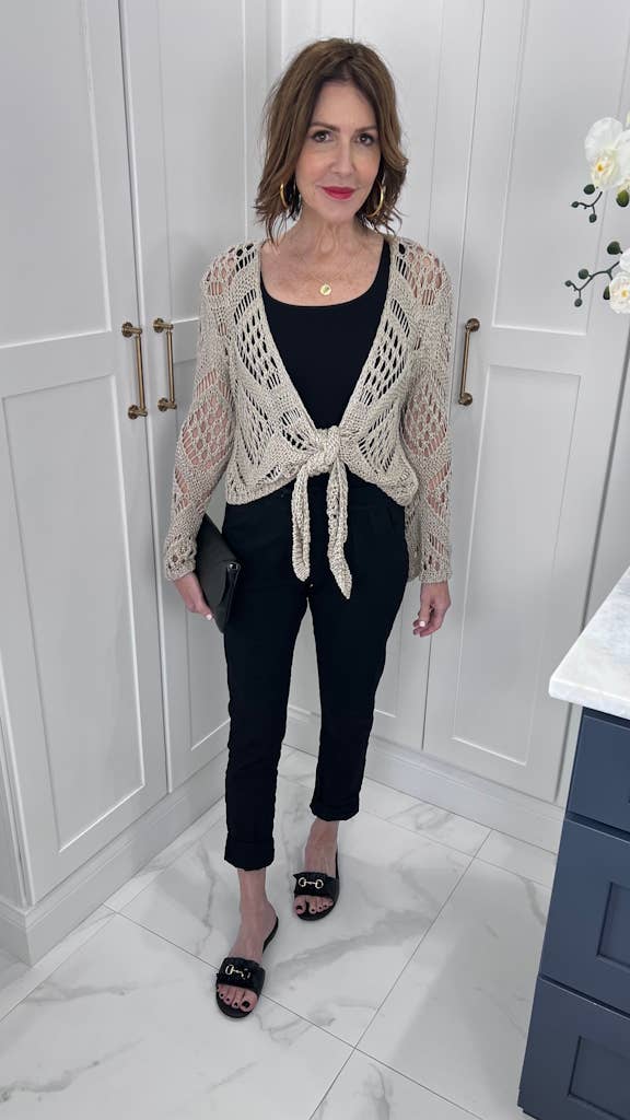 Made In Italy Open Knit Tie Front Bolero Top - 606River