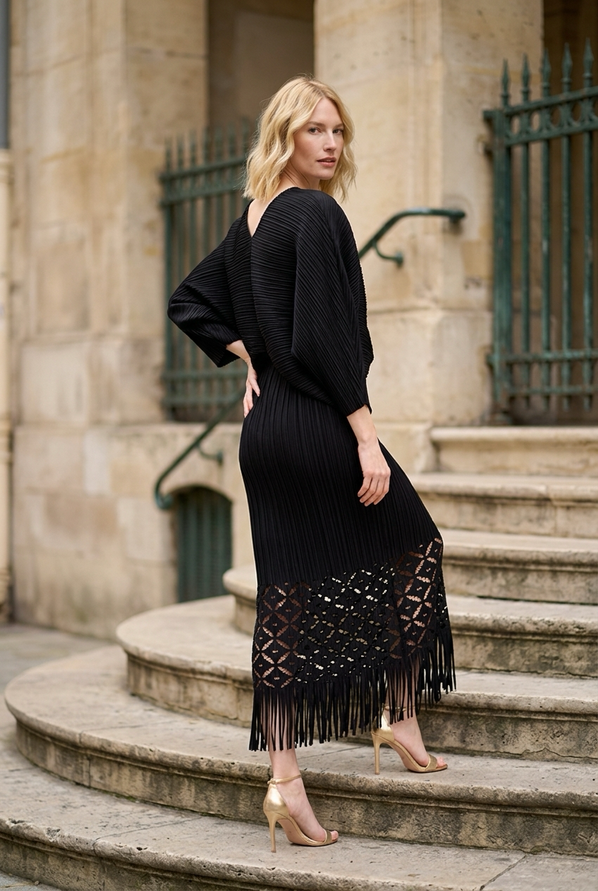 Ellyndale Pleated Cutout Dress with Fringe - Black