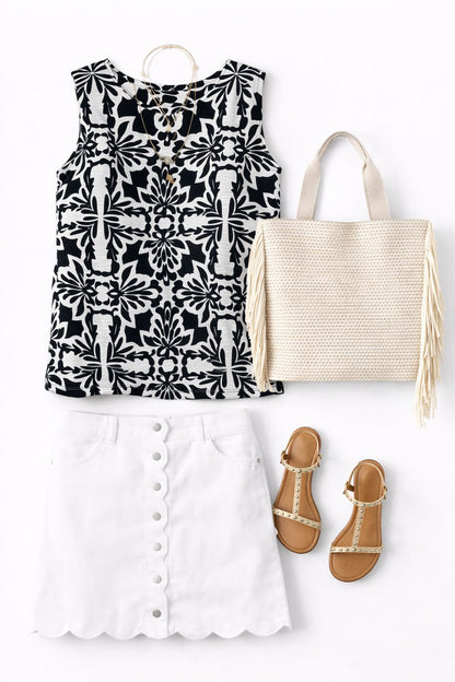 Navy White Print Sleeveless Top - 606River