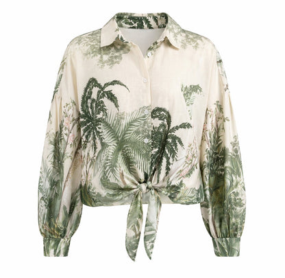 MILIO TROPICAL PALM TREE BUTTON DOWN LONG SLEEVE TIE TOP - 606River