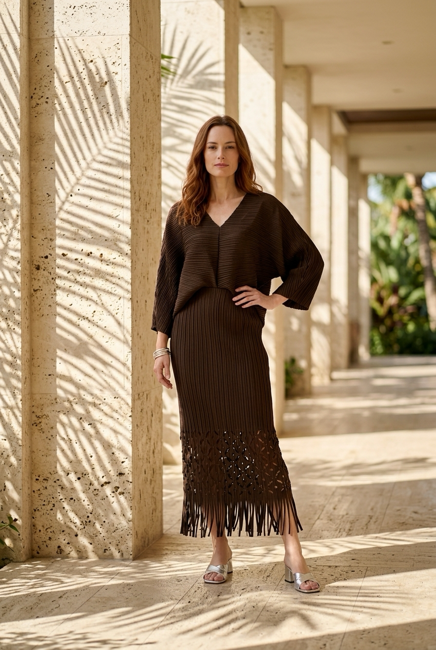 Ellyndale Pleated Cutout Dress with Fringe - Brown