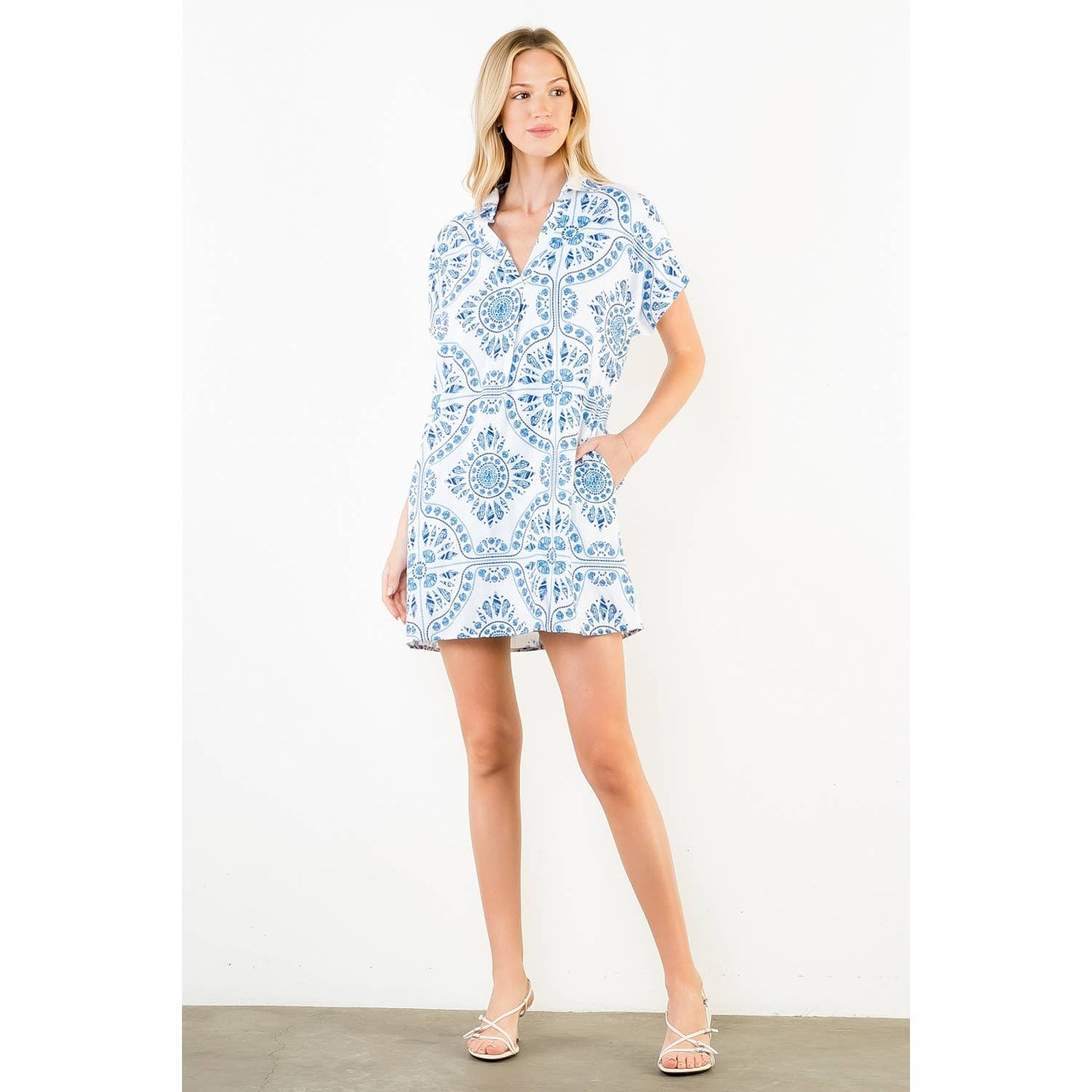 Short Sleeve Pattern Detail V-Neck Dress - 606River