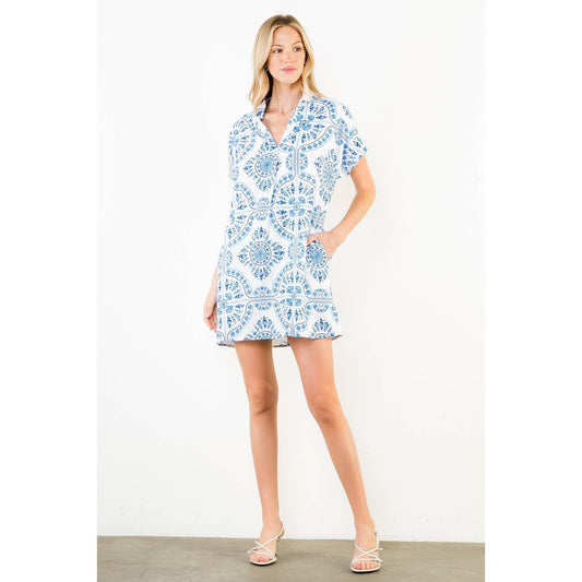 Short Sleeve Pattern Detail V-Neck Dress - 606River