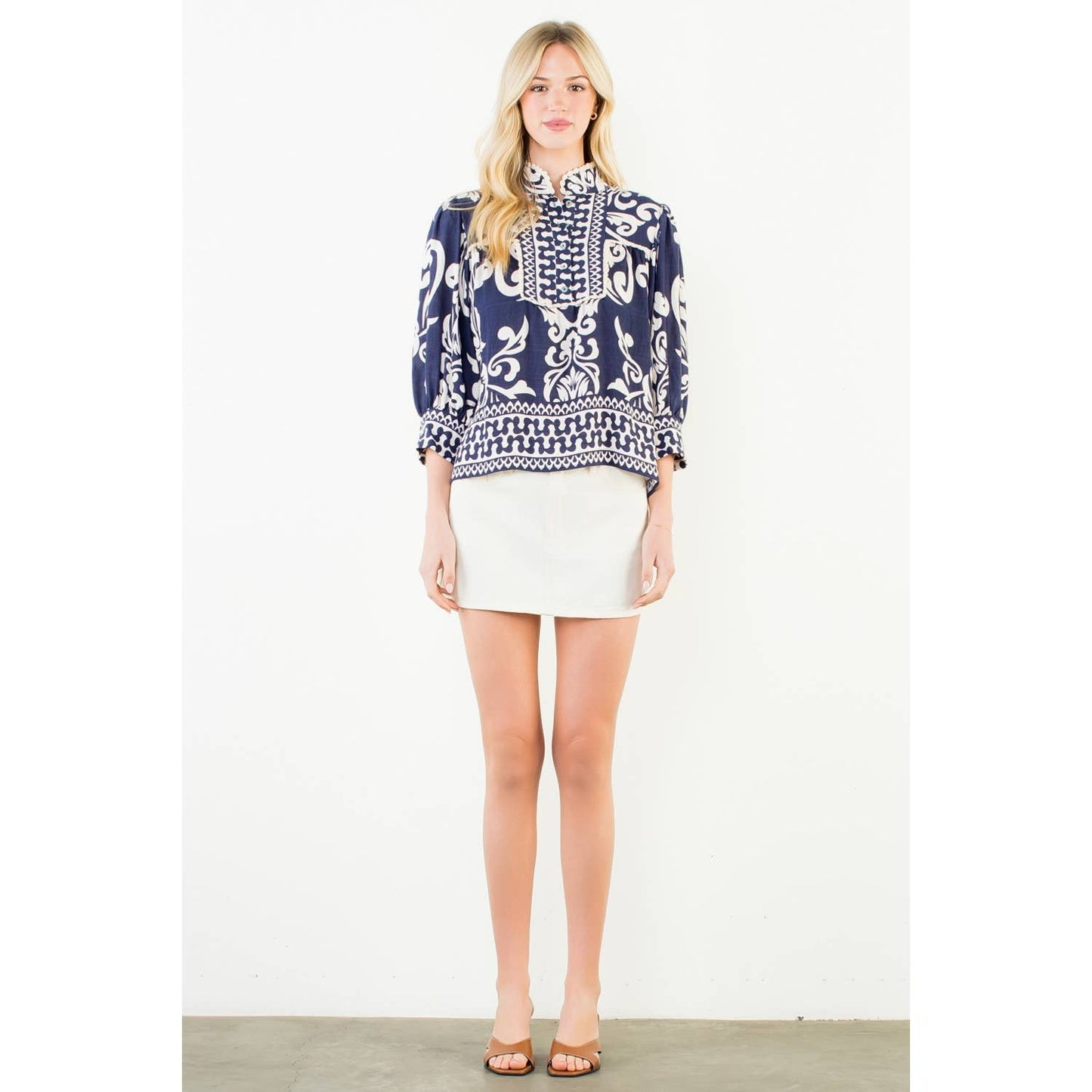 Long Sleeve Lace Trim Print Top - 606River