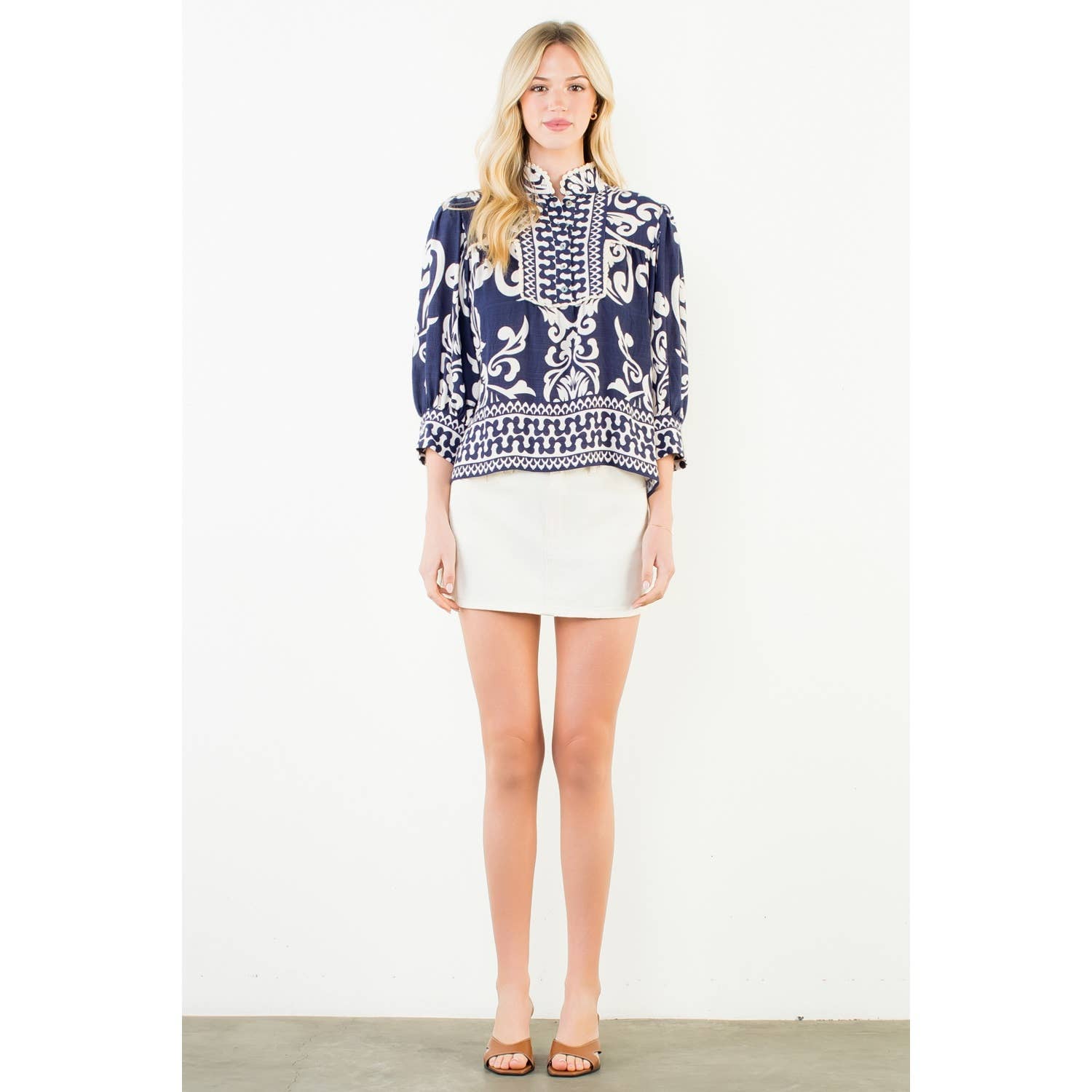 Long Sleeve Lace Trim Print Top - 606River