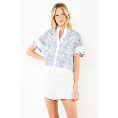 Short Sleeve Lace Detailing V-Neck Top - 606River