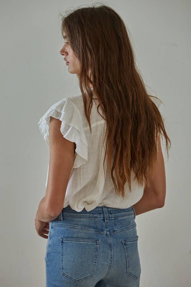 L6502 | Woven Cotton Linen Button V-Neck Short Sleeve Top - 606River