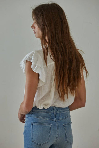 L6502 | Woven Cotton Linen Button V-Neck Short Sleeve Top - 606River