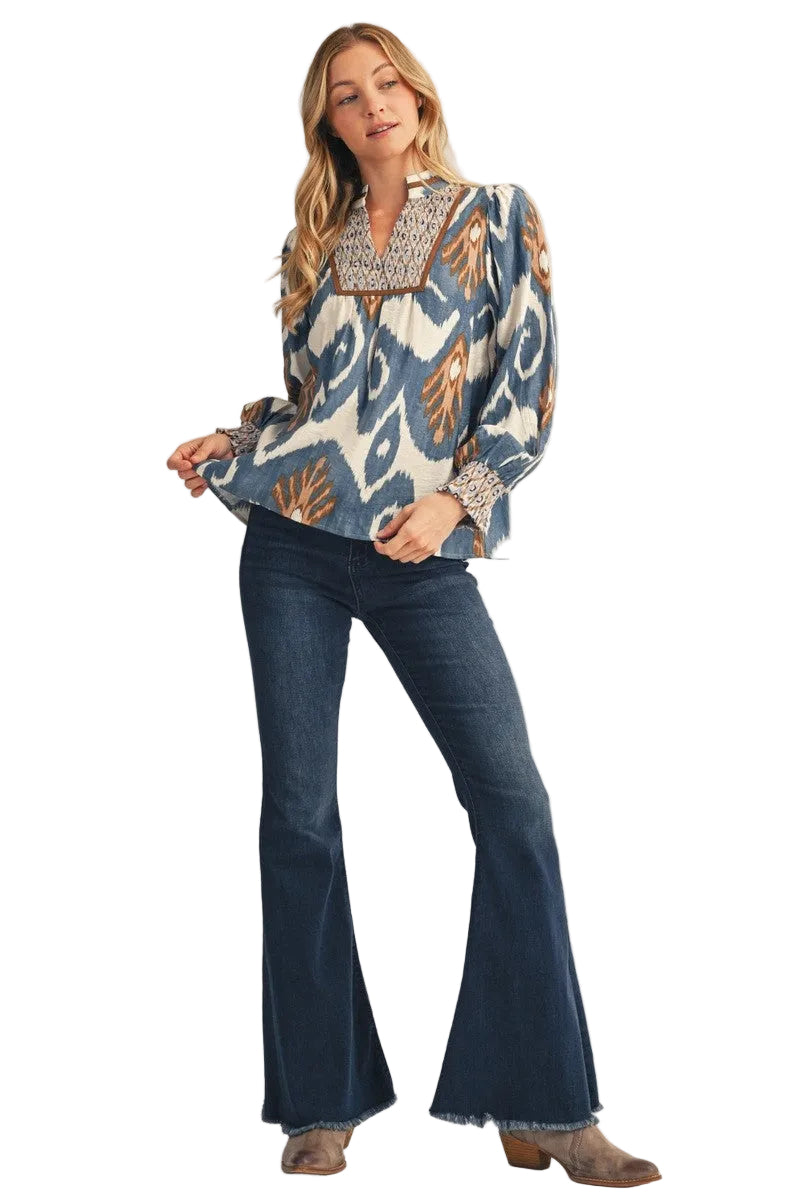DENIM PRINT V-NECK TOP
