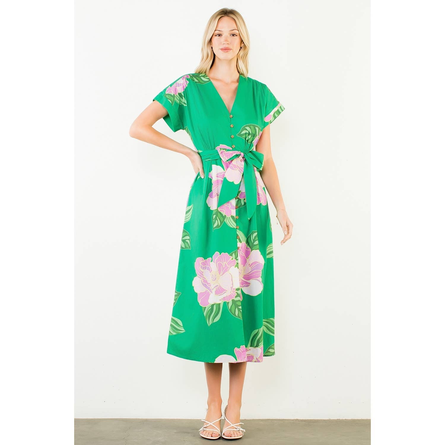 Floral V-Neck Belt Midi Dress - 606River