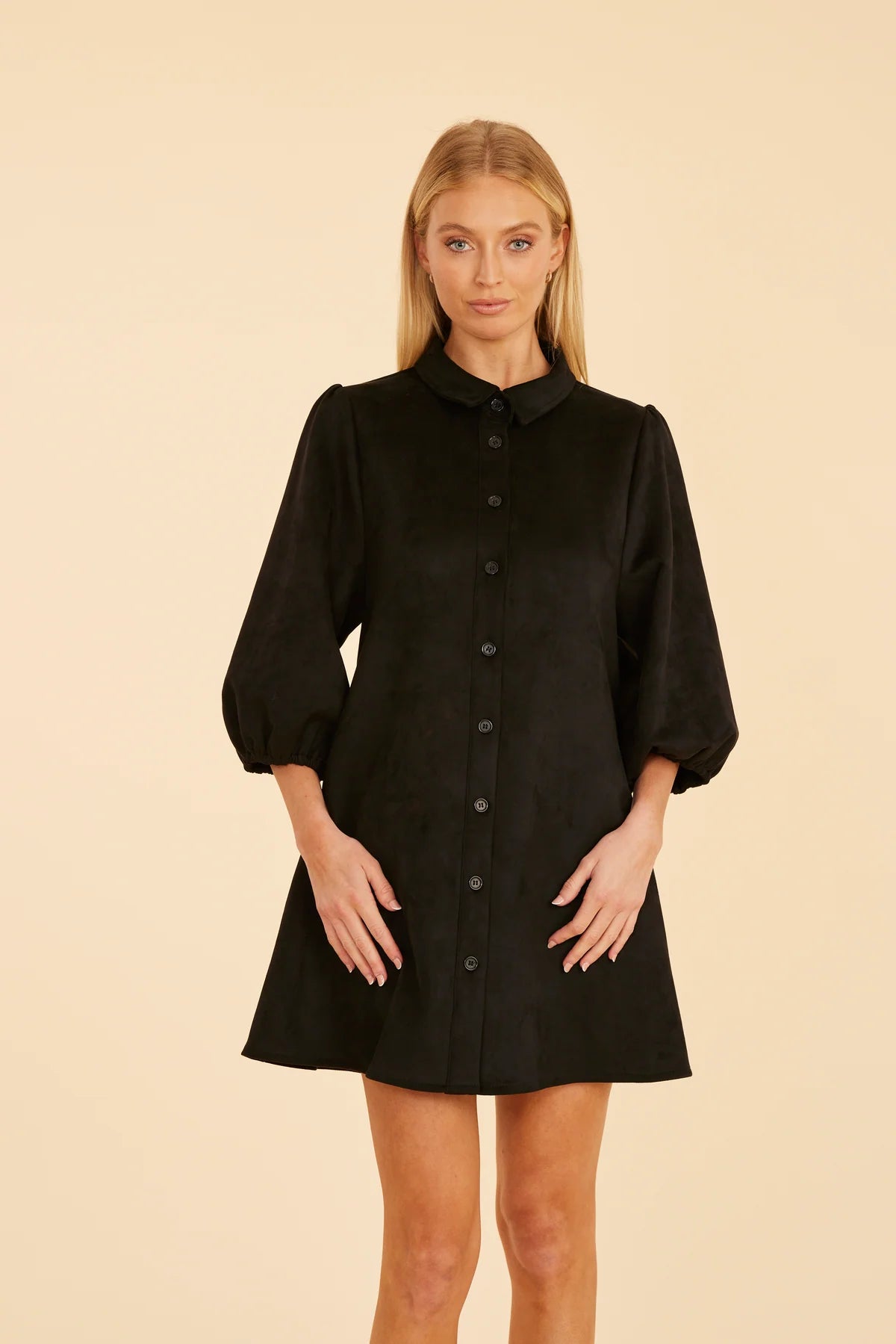 Black Faux Suede Botton Up Dress