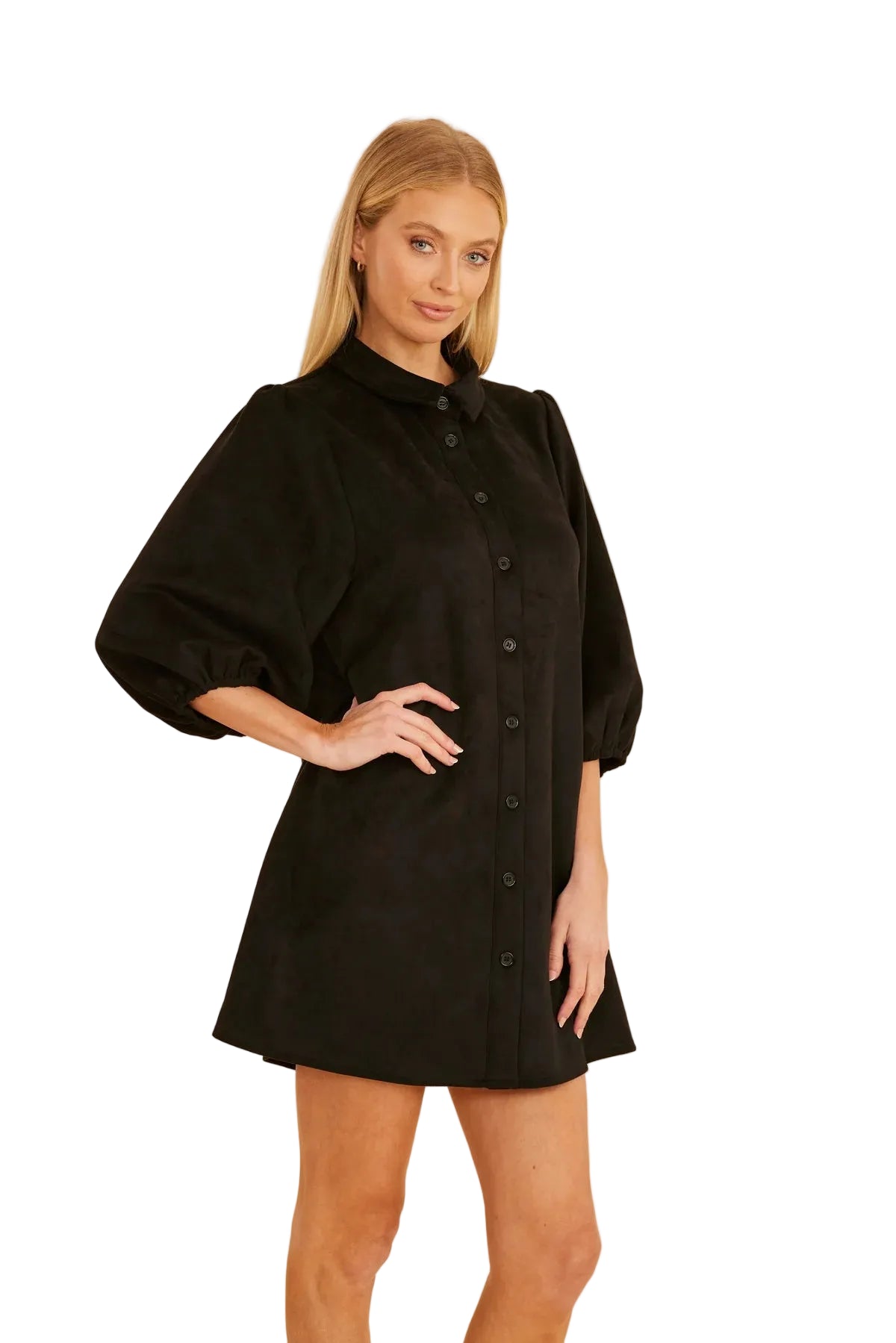 Black Faux Suede Botton Up Dress