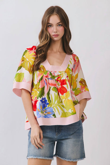 CT9954-Floral Square Neck Contrast Trim Blouse - 606River