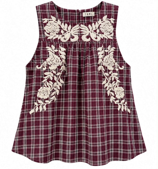 Burgundy Plaid Sleeveless Top