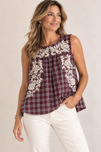 Burgundy Plaid Sleeveless Top