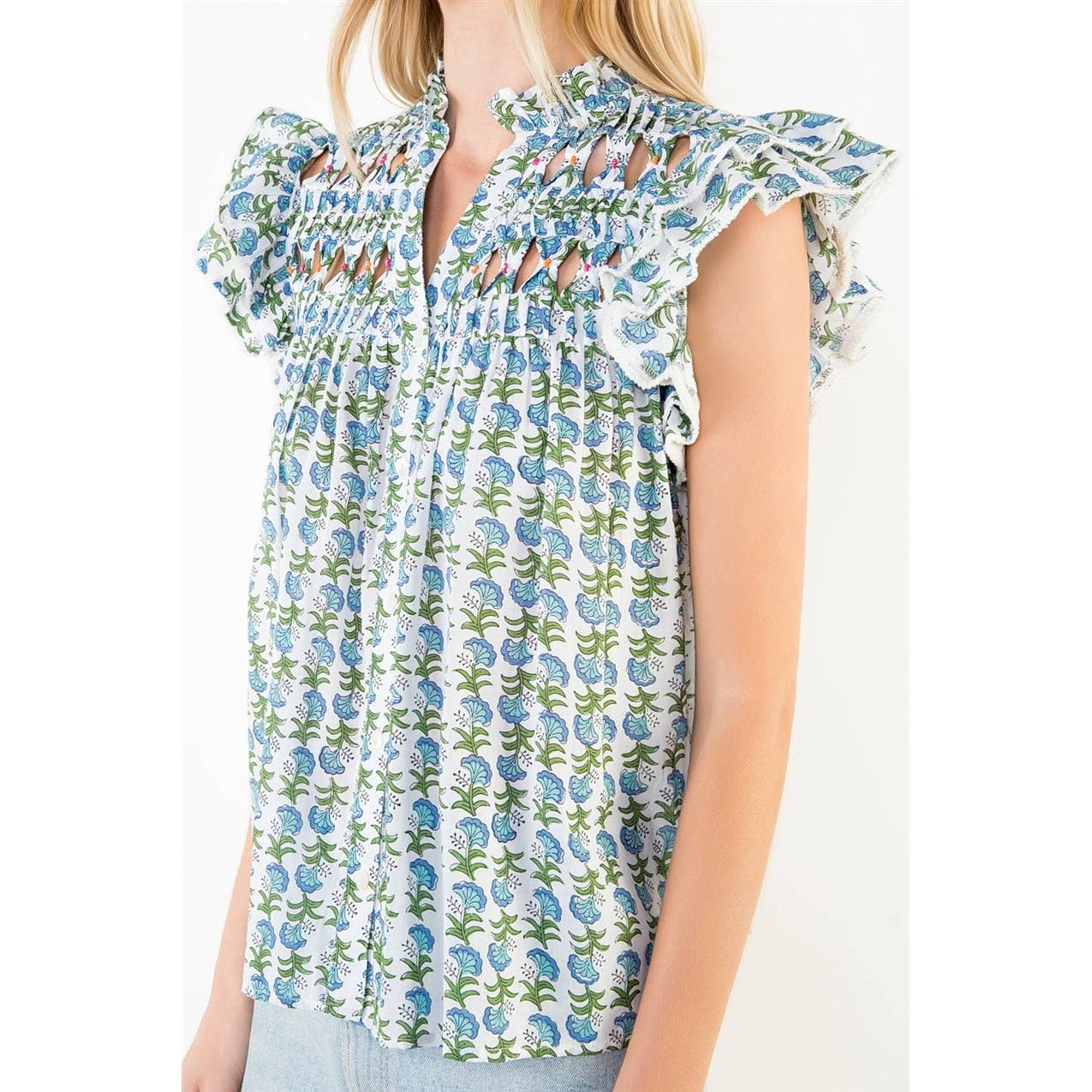 Flutter Sleeve Floral Pattern V-Neck Top - 606River