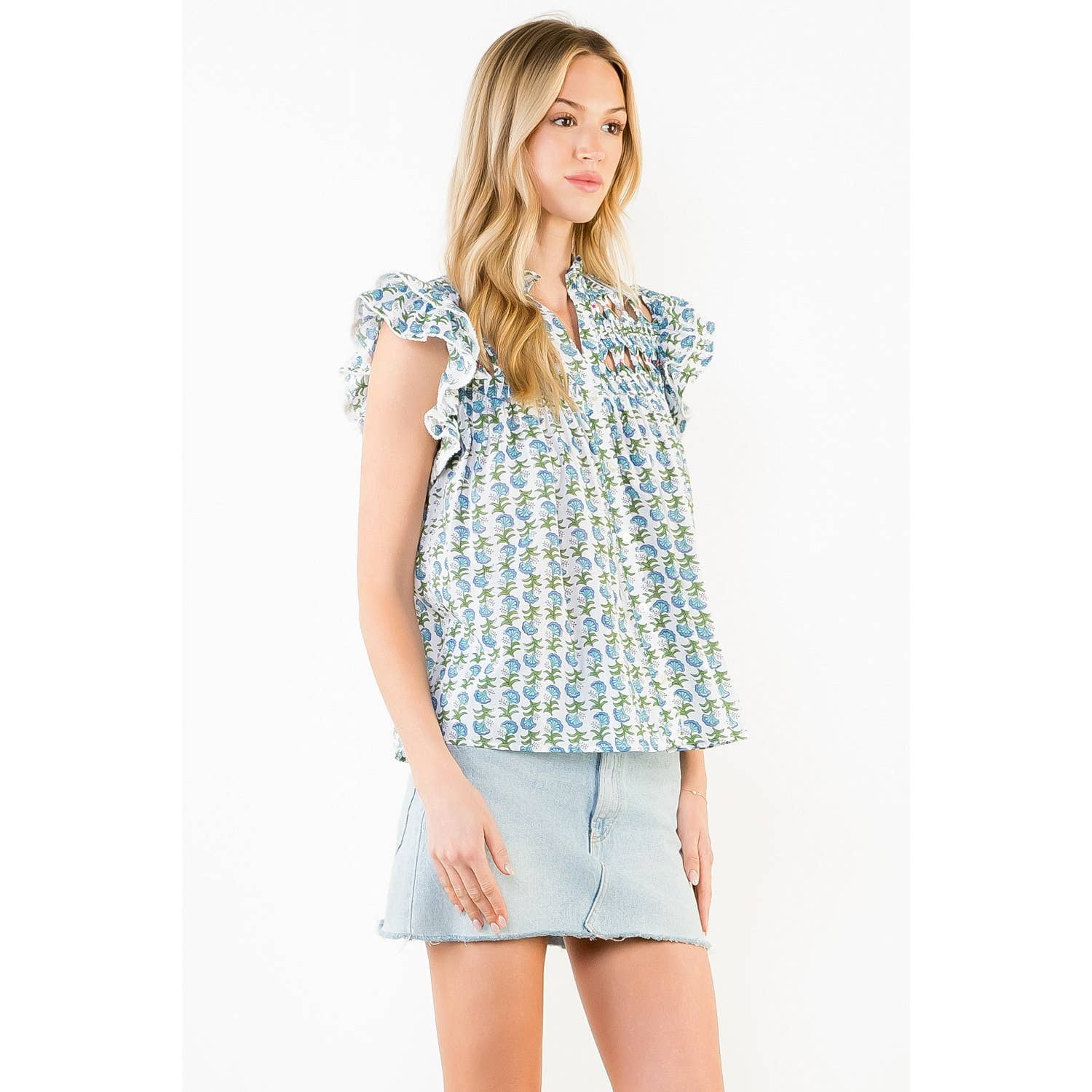 Flutter Sleeve Floral Pattern V-Neck Top - 606River
