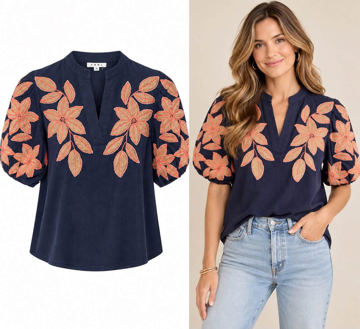 Navy Corduroy Top With Applique Detail