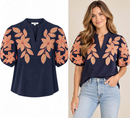 Navy Corduroy Top With Applique Detail